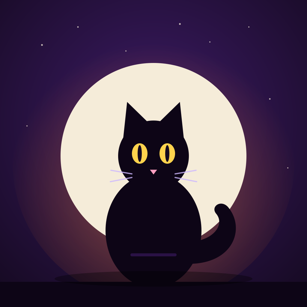 A black cat with glowing yellow eyes sitting in front of a full moon