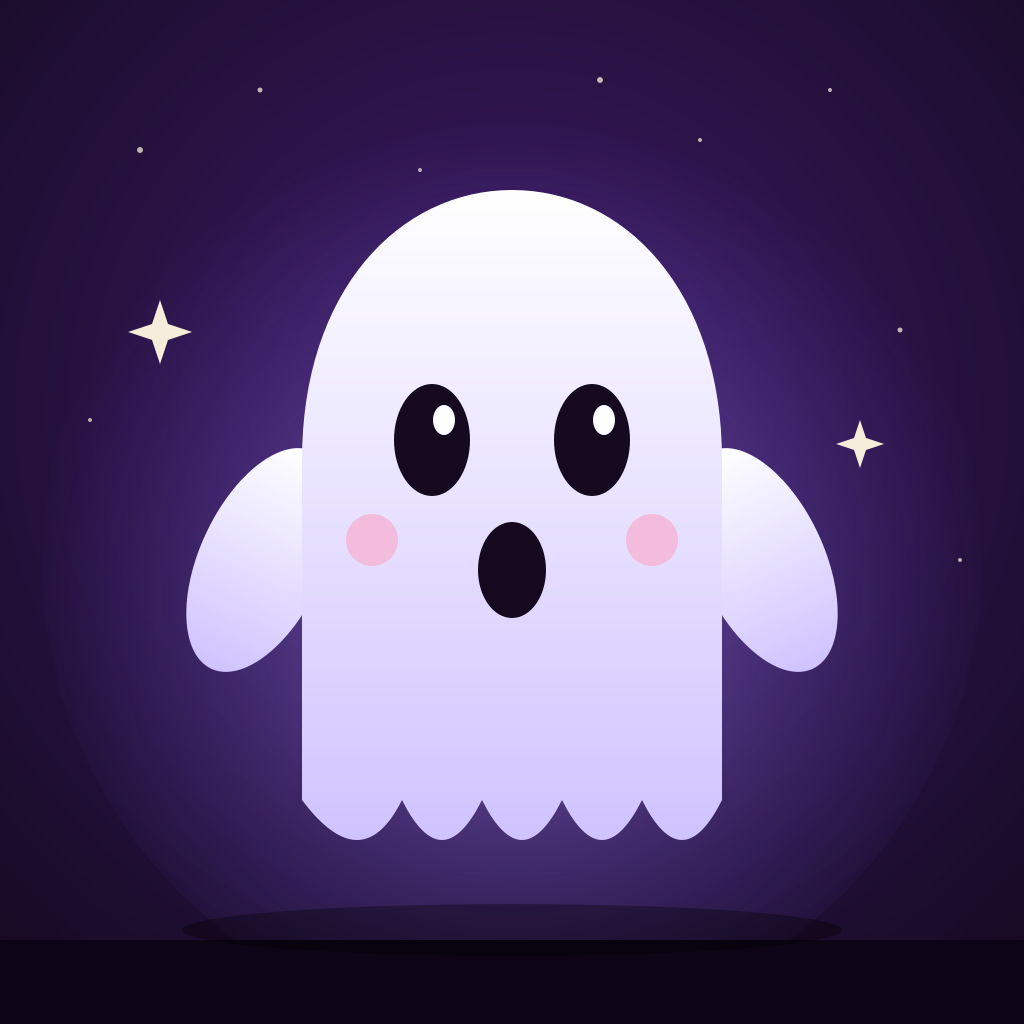 A smiling white ghost glowing against a purple night sky