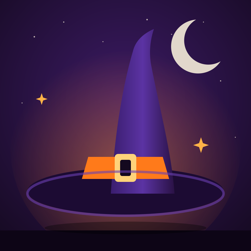 A purple witch hat with an orange band and gold buckle under a crescent moon